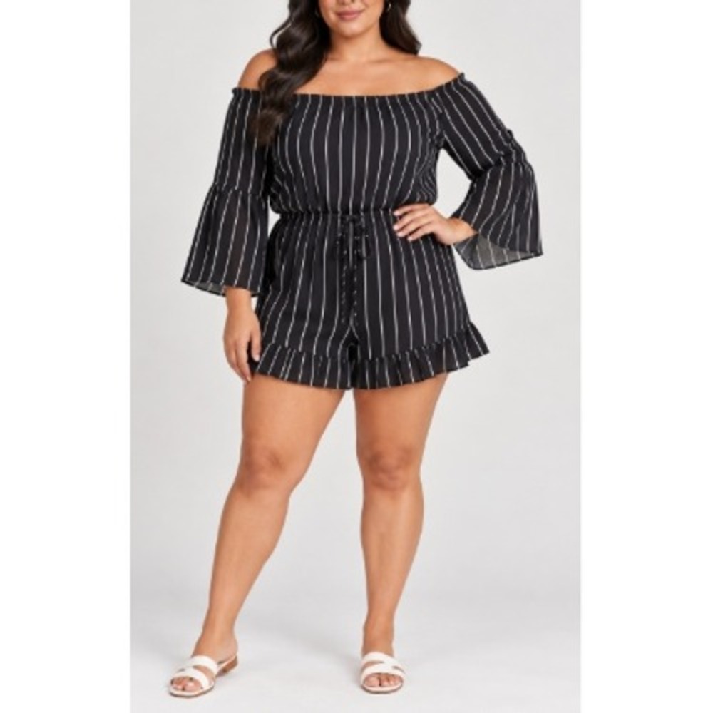 SHEIN Womens Black White Striped Off Shoulder Bell Sleeve Romper Size XL